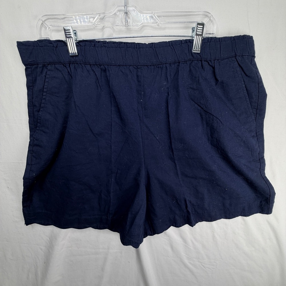 Talbots Shorts XL Navy Blue Scallop Hem Linen Blend Elastic Waist Pull On New